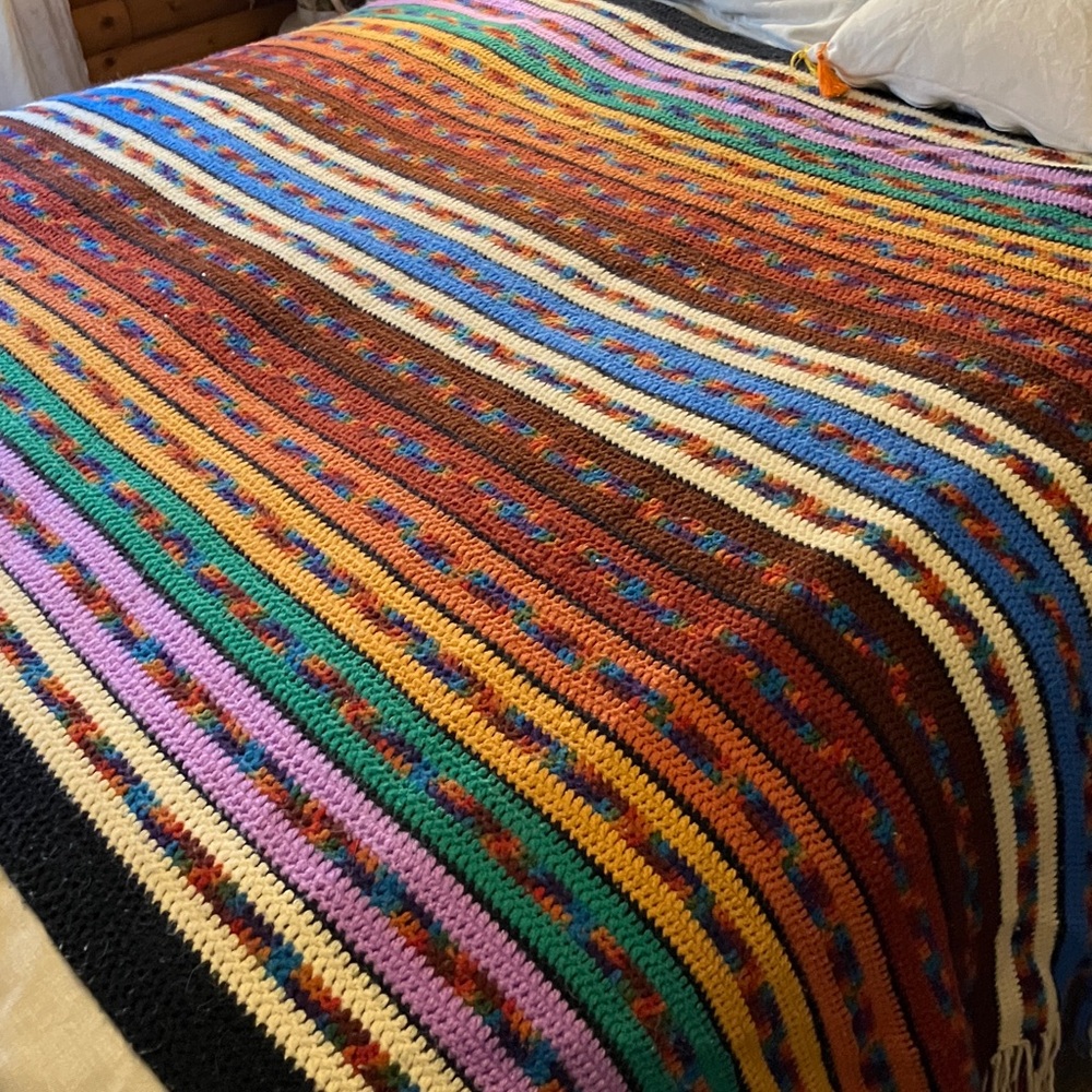 Vintage crochet handmade fringed afghan multicolor 1980’s or 1970’s Queen / King - Picture 3 of 7